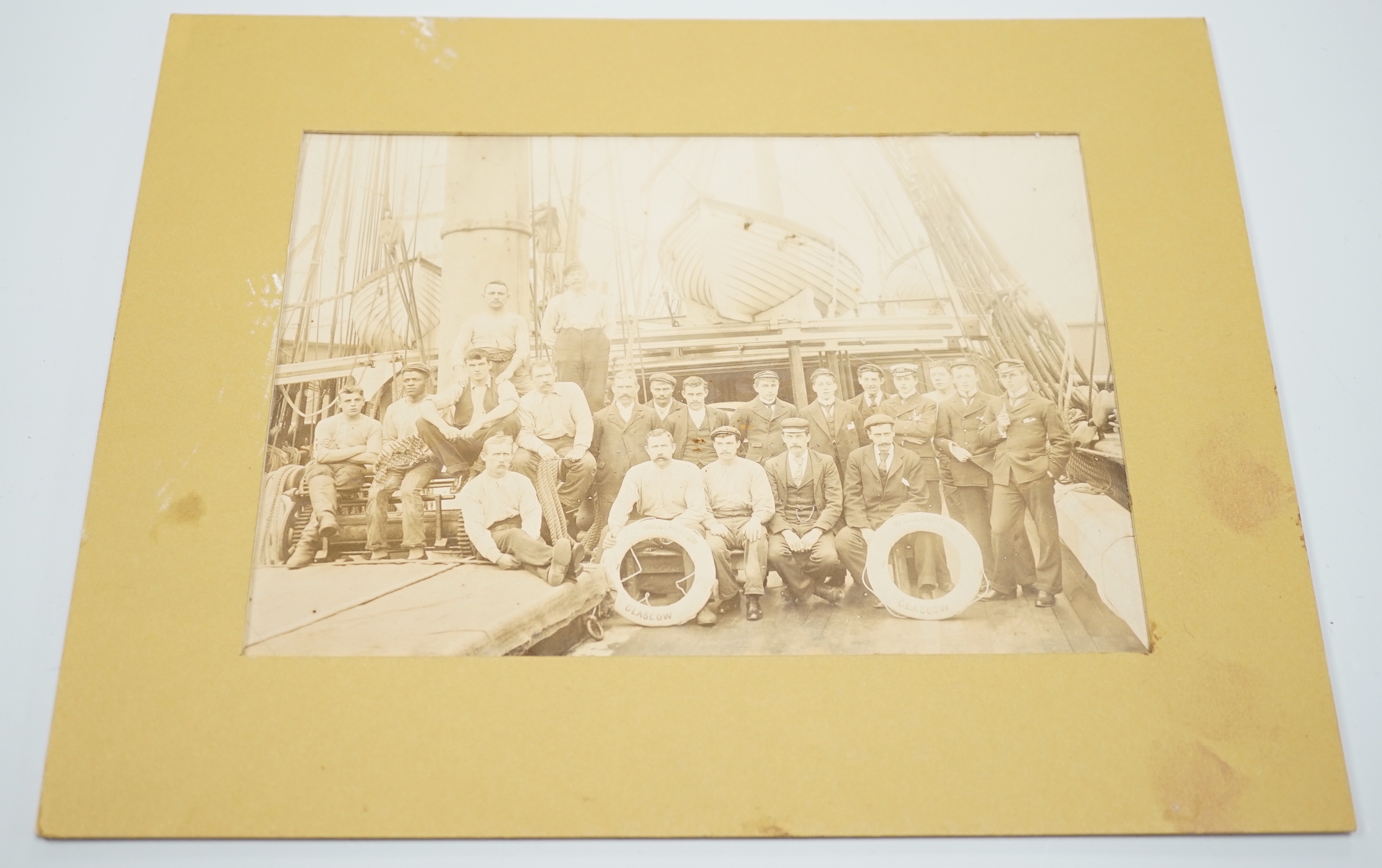 New Zealand history - A late 19th century albumen photograph of the crew of the ship Wellington which sailed from Glasgow to Wellington, New Zealand, by W Stewart photographer, 43 Broadway Terrace, Wellington, NZ., 14cm